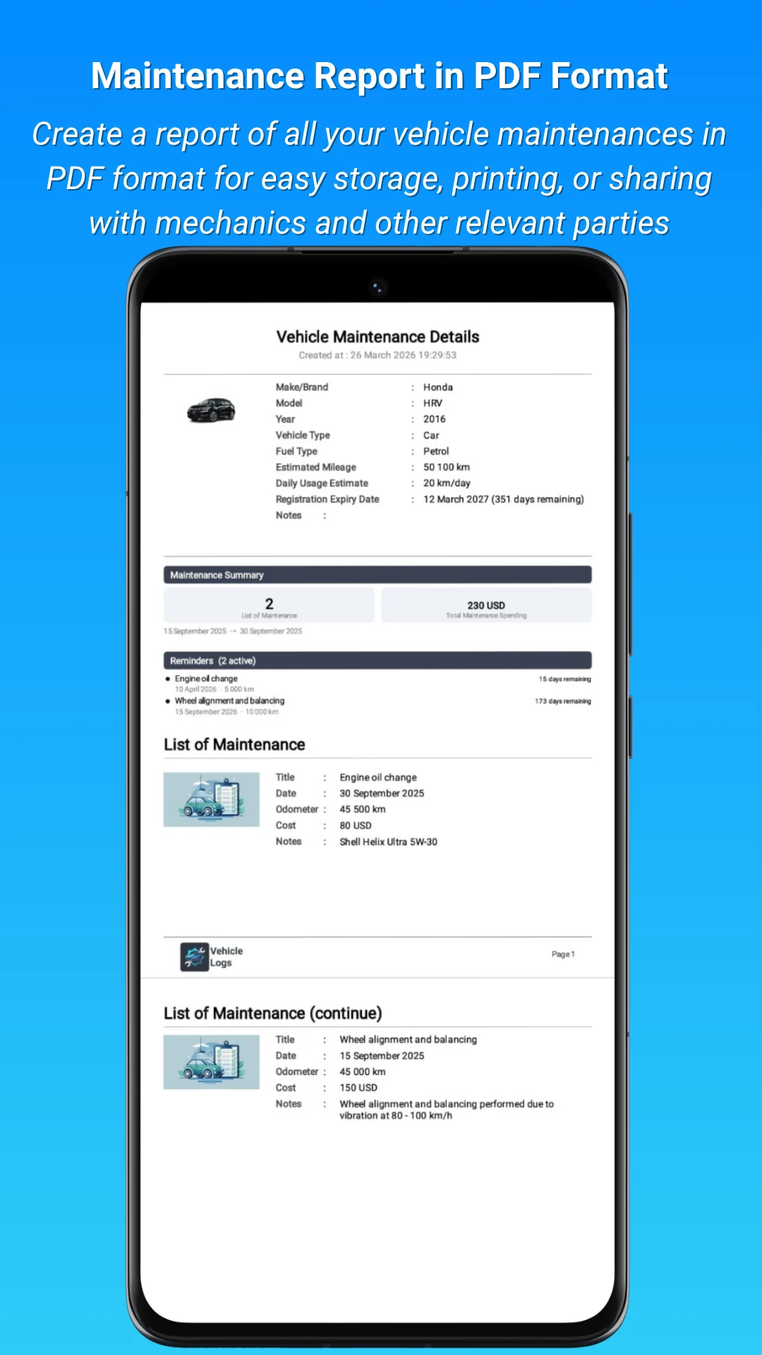 Vehicle Maintenance Log screenshot